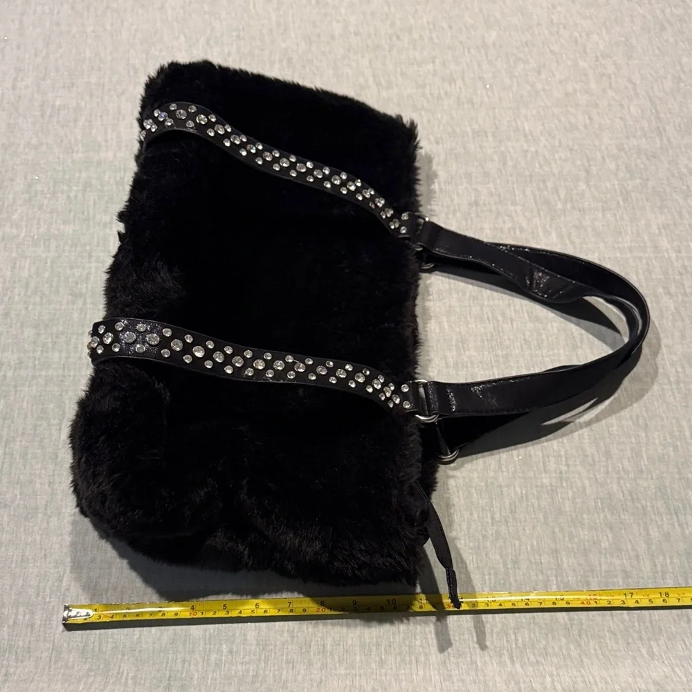 Black Faux Fur Tote Bag with Studded Straps